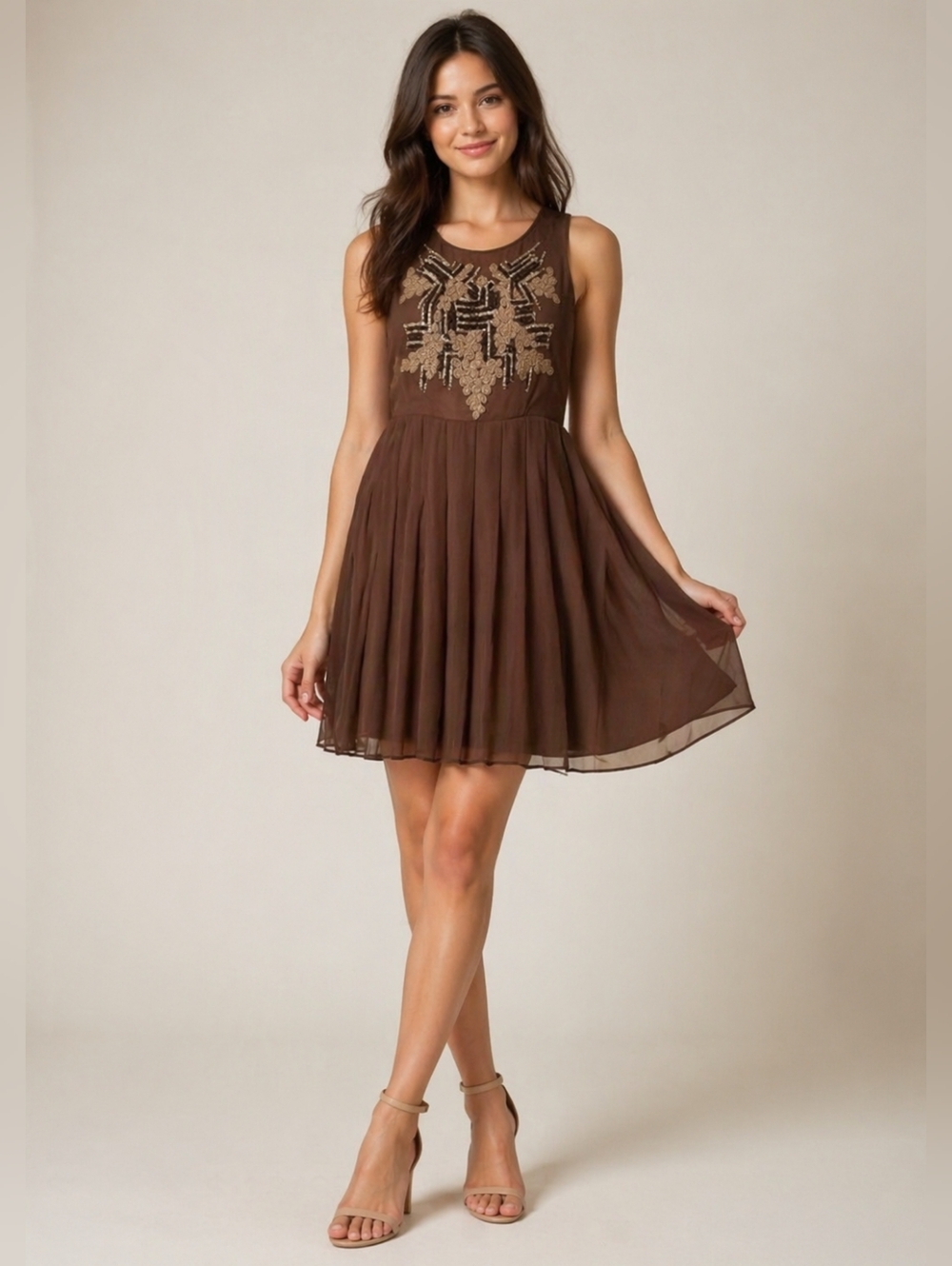 ALICE+OLIVIA brown Silk gold embroidered sleeves open back pleaded dress size S